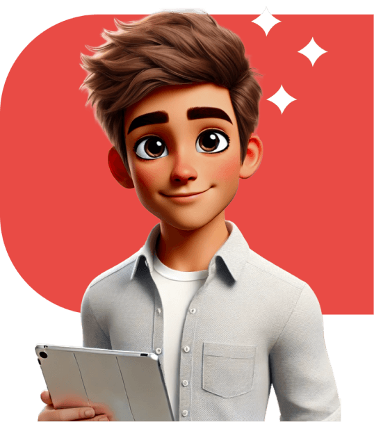 Edu amigo sorridente segurando um tablet, pronto para te ensinar